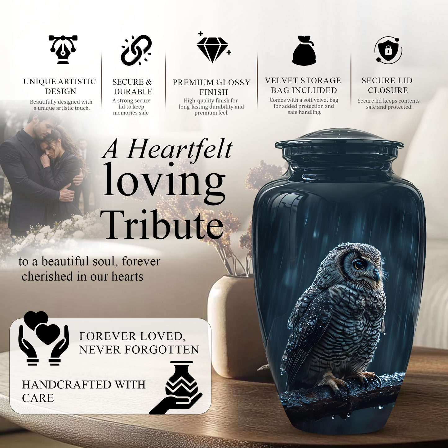 Snowy Owl Cremation Urn - Night Owl Burial Urns For Human Ashes