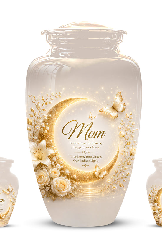 Floral Memorial Urn for Mom – White Aluminium Cremation Urn for Ashes