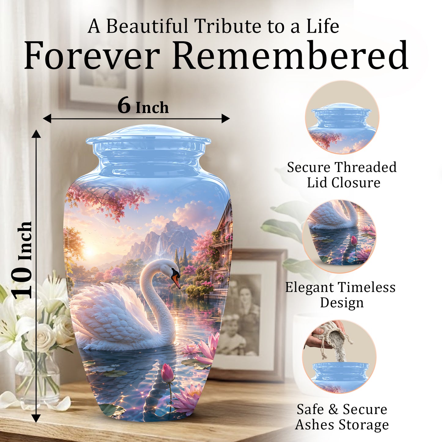 White Swan Themed Urn - Beautiful Custom Memorial Urns For Men & Women