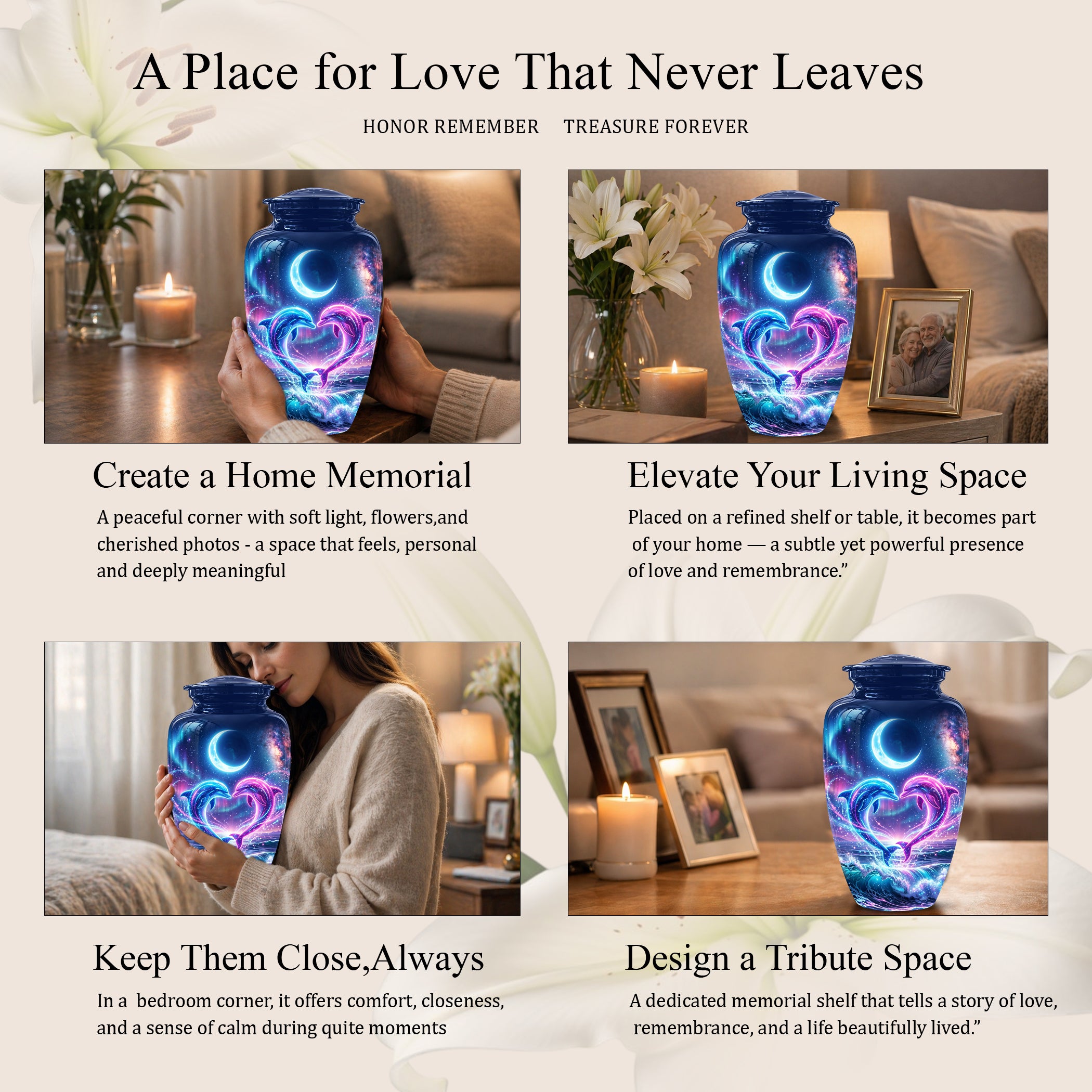 Heart Dolphin Cremation Urn for Ashes – Celestial Moon Memorial Urns