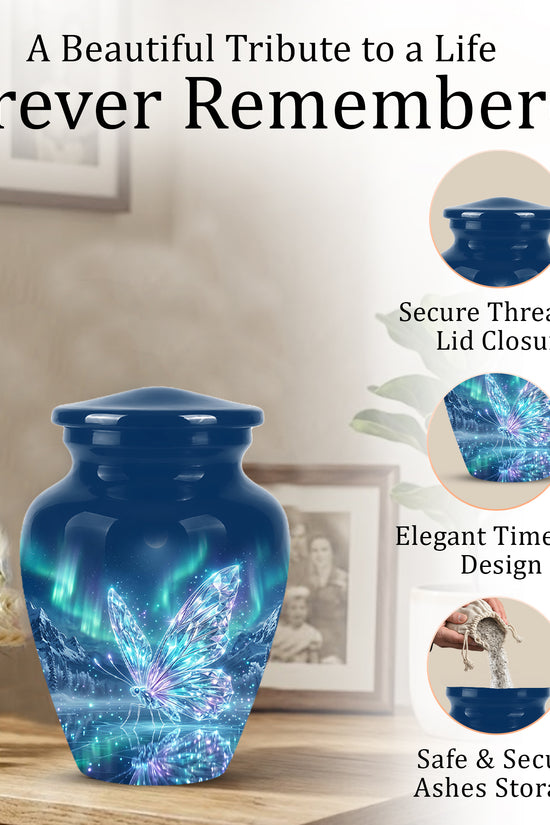 Glowing Butterfly Cremation Urn - Beautiful Blue Memorial Urns For Mom