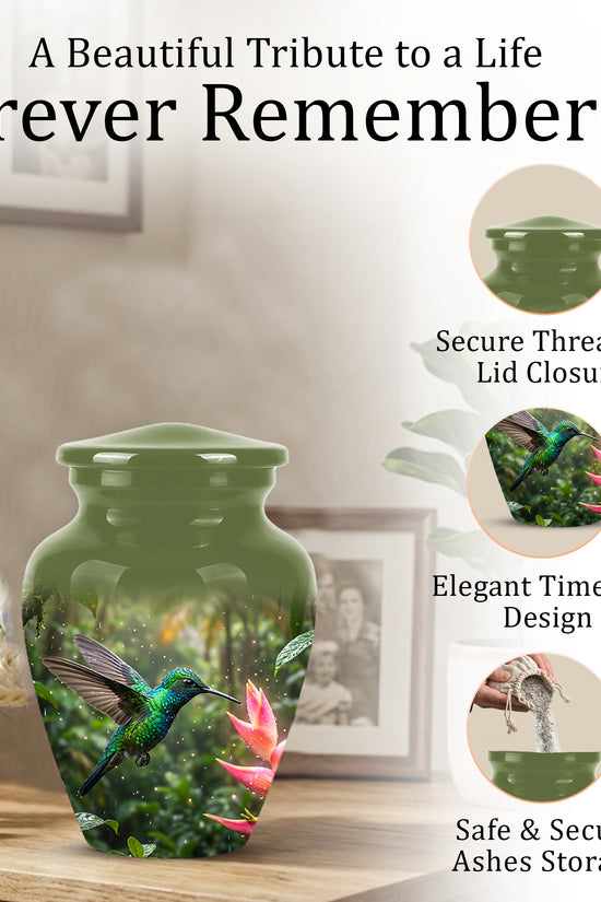 Celestial Flying Green Hummingbird Urn - Majestic Handcrafted Burial Urn