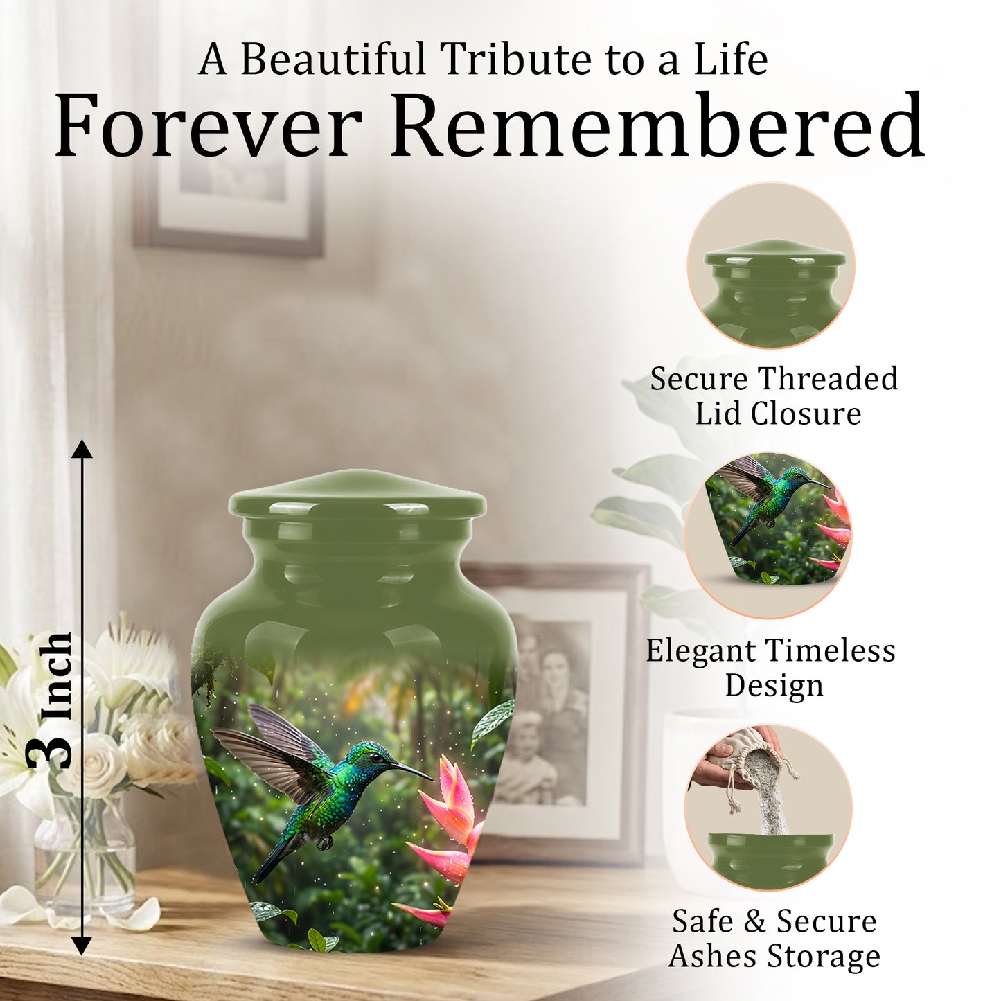Celestial Flying Green Hummingbird Urn - Majestic Handcrafted Burial Urn