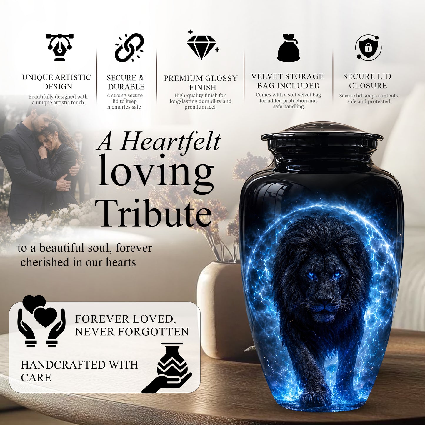 Black Lion Cremation Urns - Personalized Memorial Urns For Human Ashes