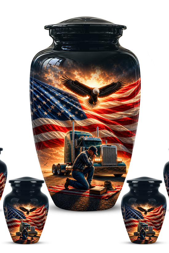 Personalized Patriotic Truck Driver Funeral Urn with American Flag Design
