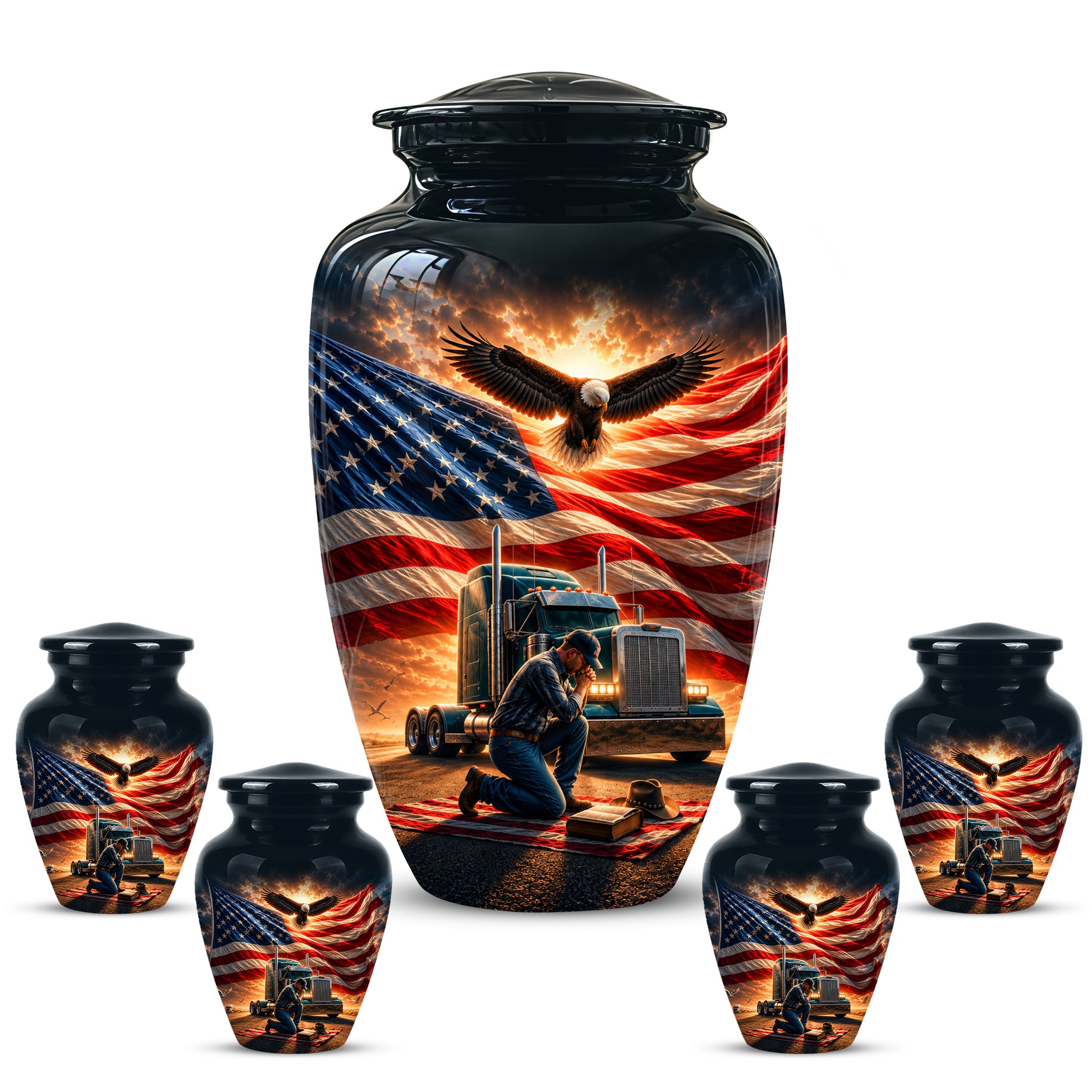 Personalized Patriotic Truck Driver Funeral Urn with American Flag Design