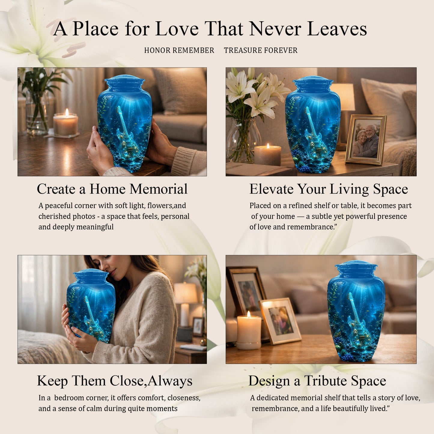 Underwater Guitar Themed Urn -Peaceful Memorial Tribute Urns For Ashes