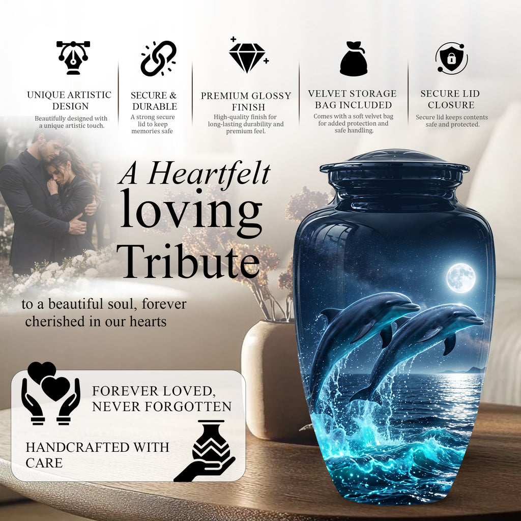 Beautiful Playful Dolphin Cremation Urn - Custom Moonlight Urns For Women