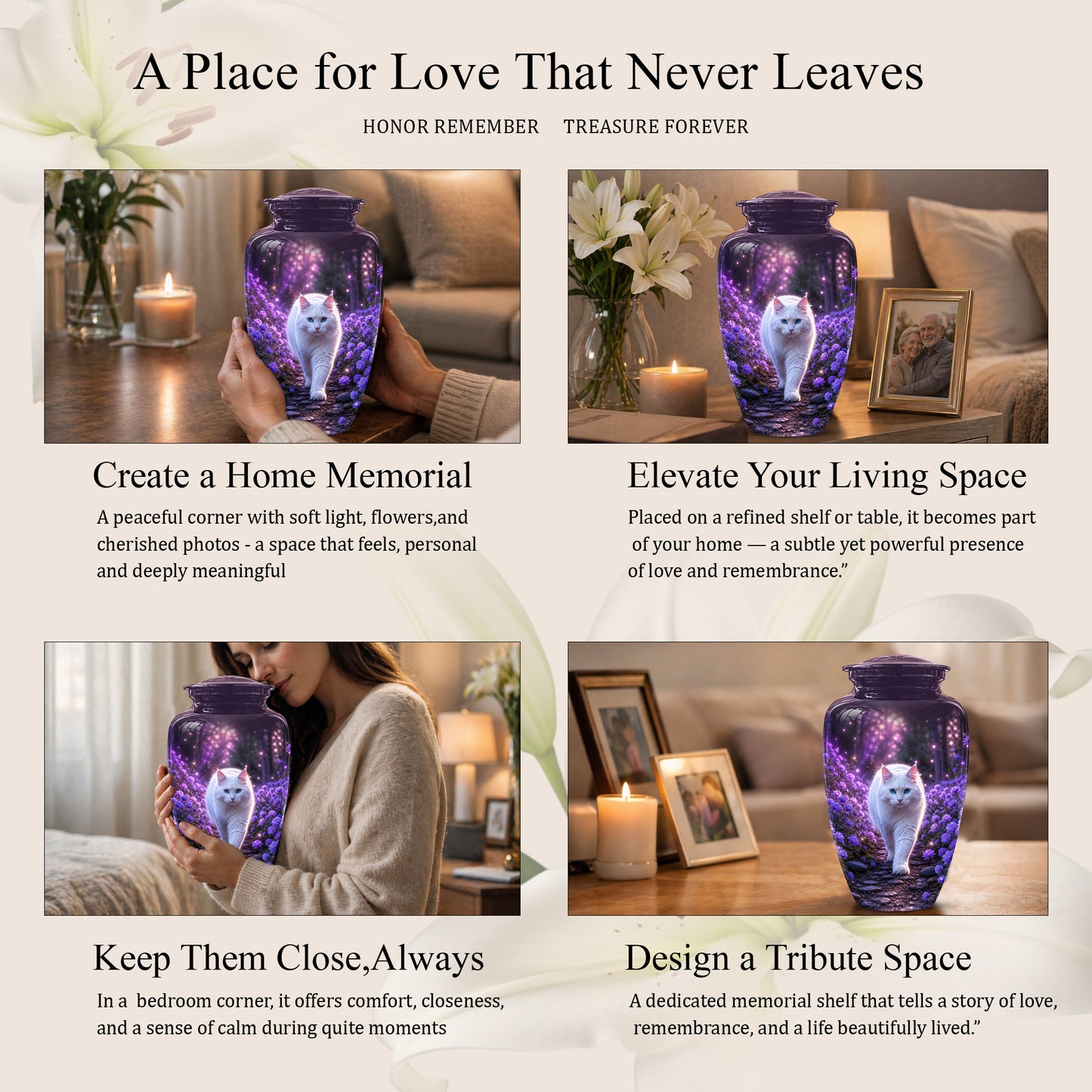 White Cat Cremation Urn - Personalized Burial Urns For Pet Ashes
