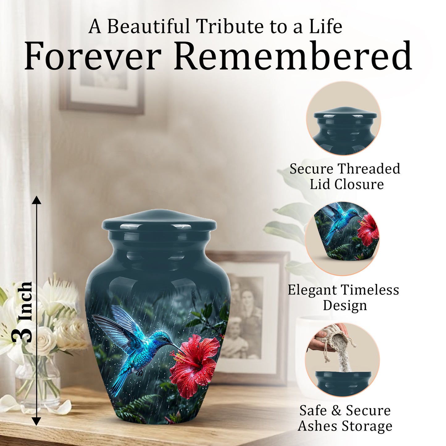 Blue Hummingbird With Red Flower - Personalized Memorial Urns For Ashes