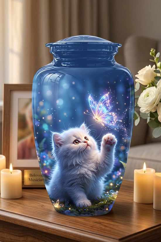 White Cat With Majestic Butterfly - Blue Cremation Urns For Human Ashes