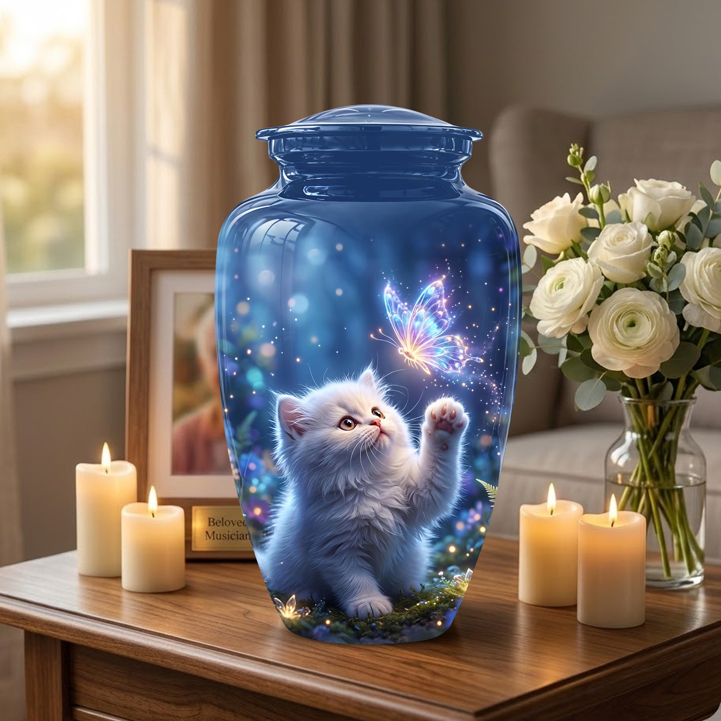 White Cat With Majestic Butterfly - Blue Cremation Urns For Human Ashes