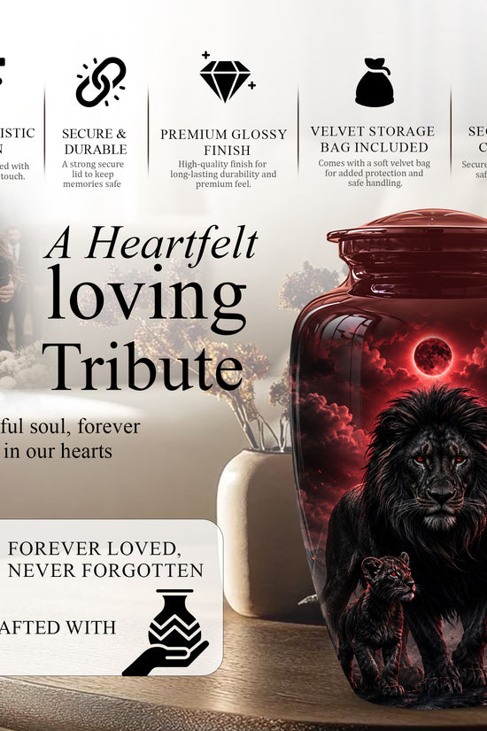 Lion With Cub Urn - Handcrafted Personalized Lion Burial Urn For Ashes