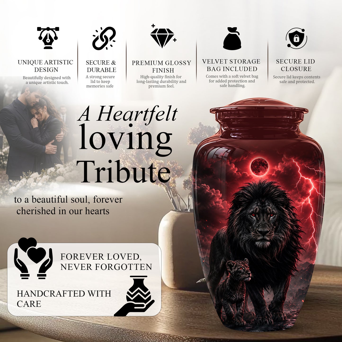 Lion With Cub Urn - Handcrafted Personalized Lion Burial Urn For Ashes