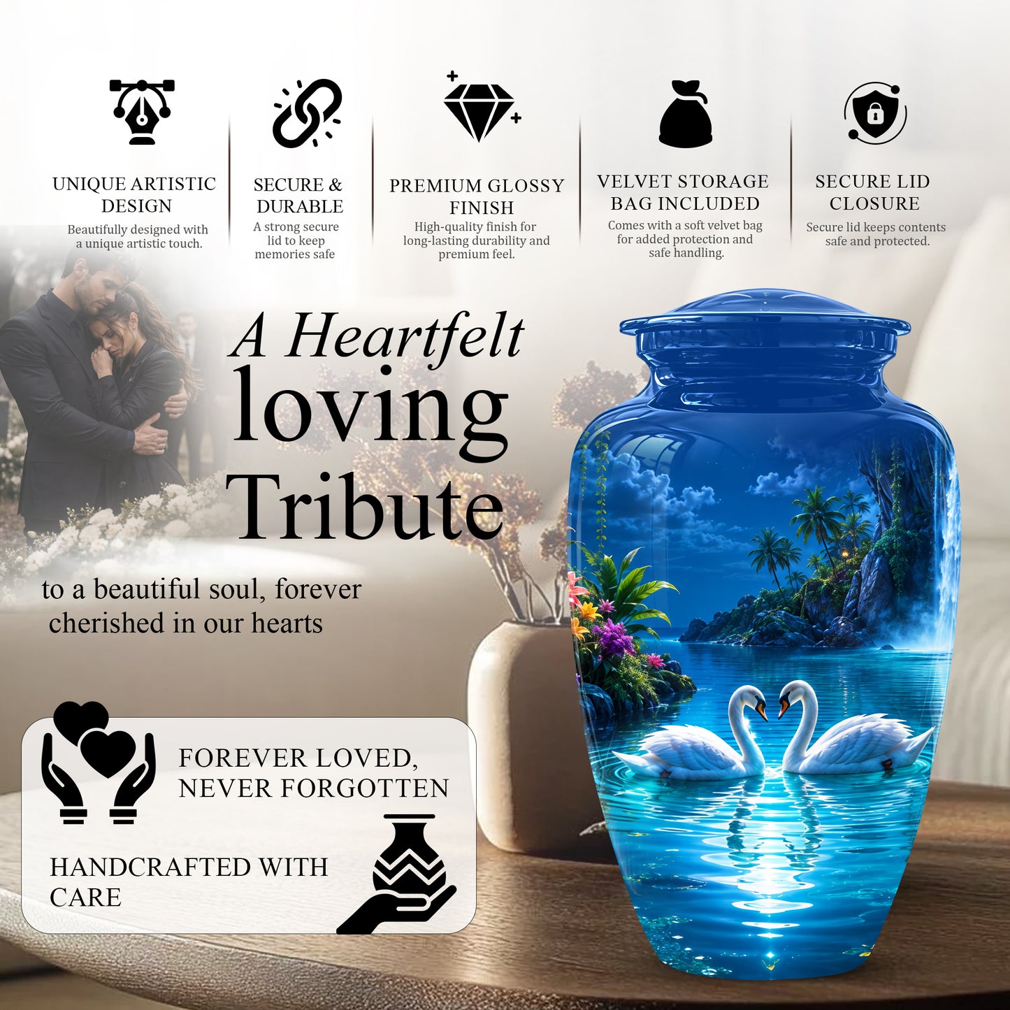 White Couple Swan Urn - Beautiful Memorial Keep Urns For Loved Ones