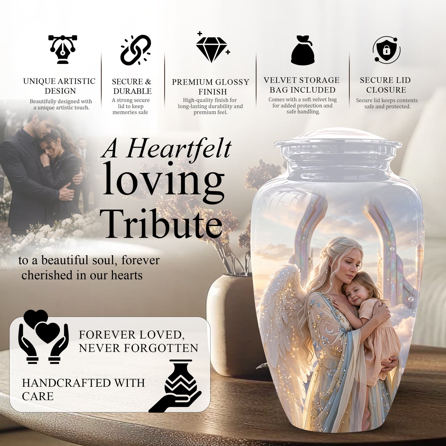 Angel Mother With Child Memorial Urn - Artistic Cremation Urns For Mom