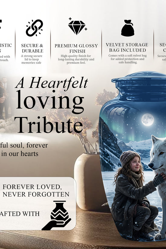 Snowy Moonlit White Wolf Urn for Ashes | Custom Memorial Urn
