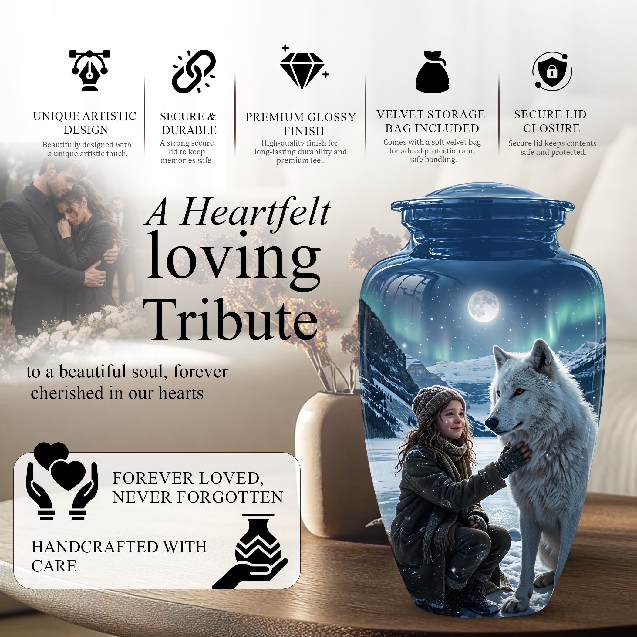 Snowy Moonlit White Wolf Urn for Ashes | Custom Memorial Urn