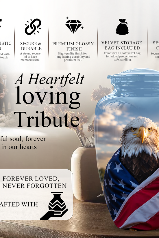 Bald Eagle Draped in American Flag - Patriotic Burial Urns For Human Ashes