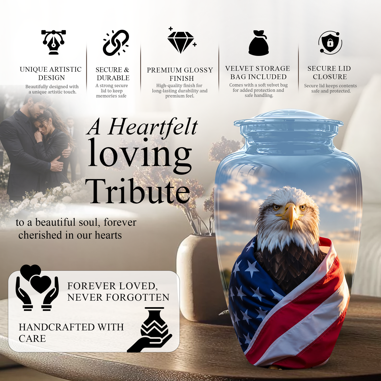 Bald Eagle Draped in American Flag - Patriotic Burial Urns For Human Ashes
