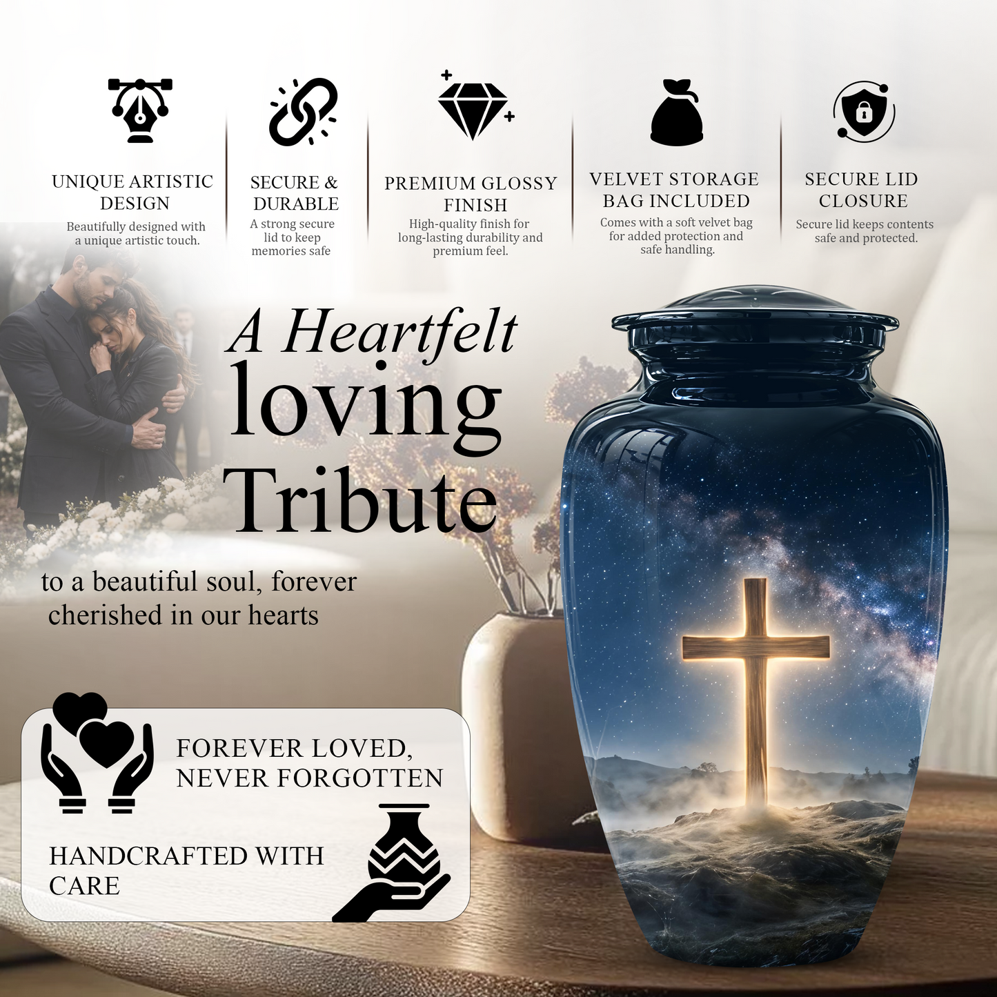 Jesus Cross In Night Sky Urn - Artistic Funeral Memorial Urns For Human Ashes