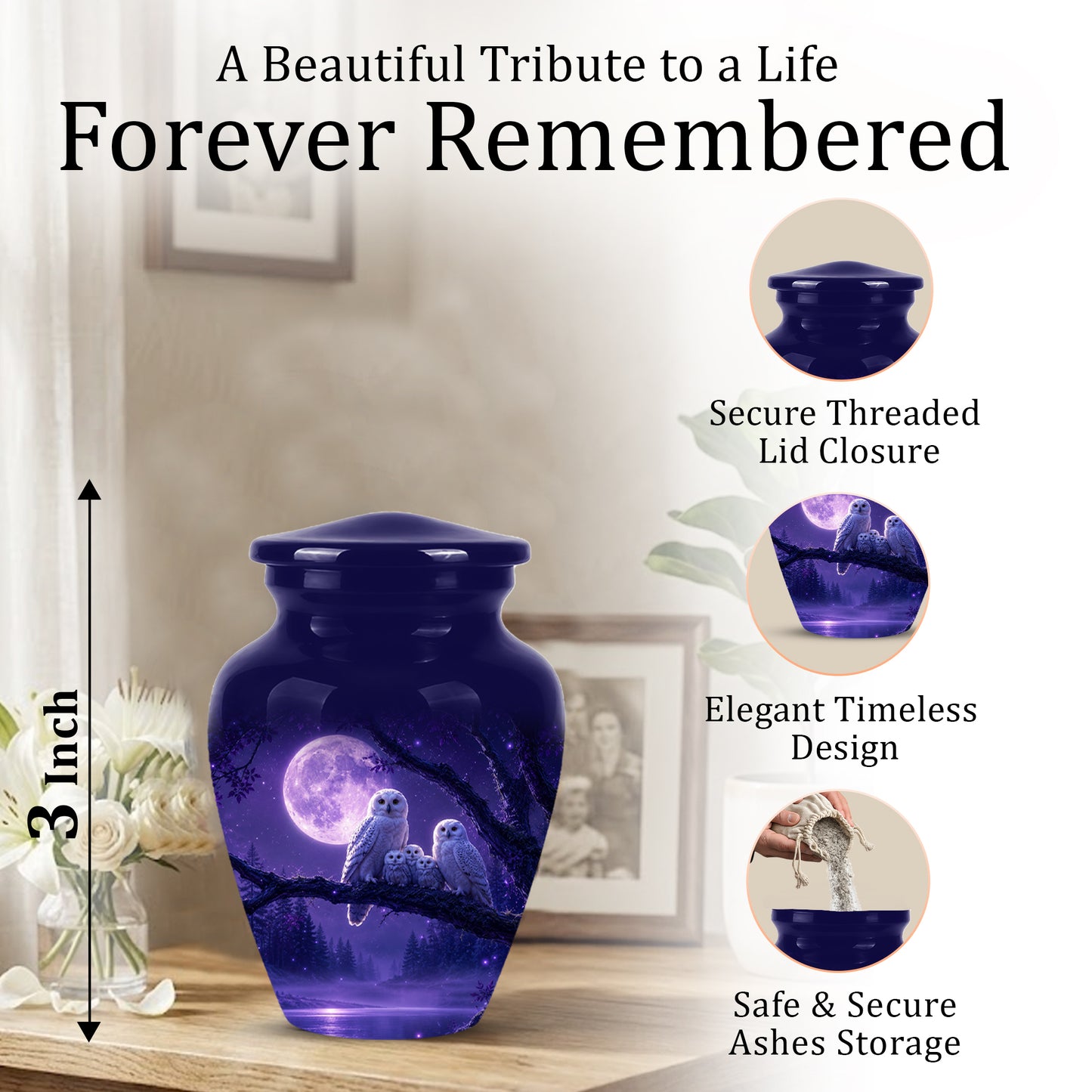 Purple Owl Cremation Urn - Handcrafted Memorial Urn For Adults Ashes