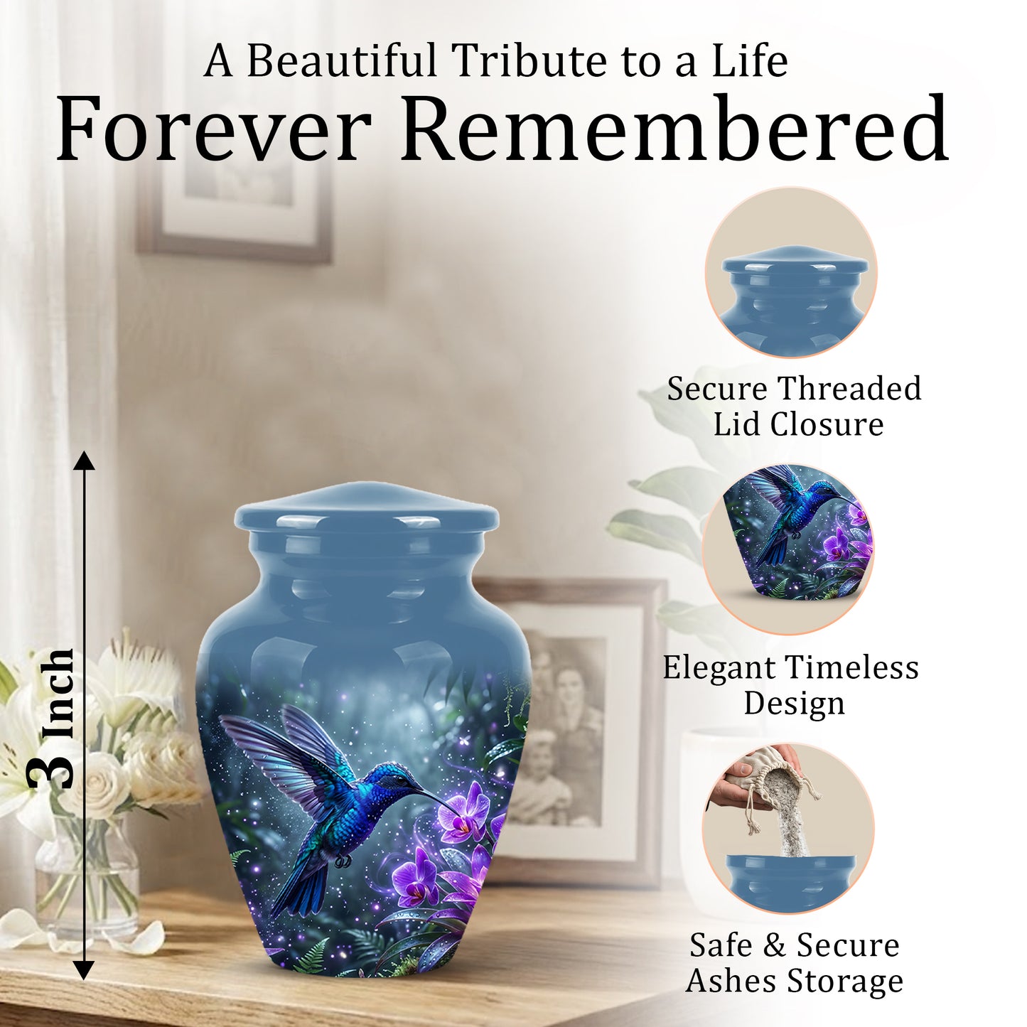 Flying Blue Hummingbird Urn - Majestic Memorial Urns For Human Ashes