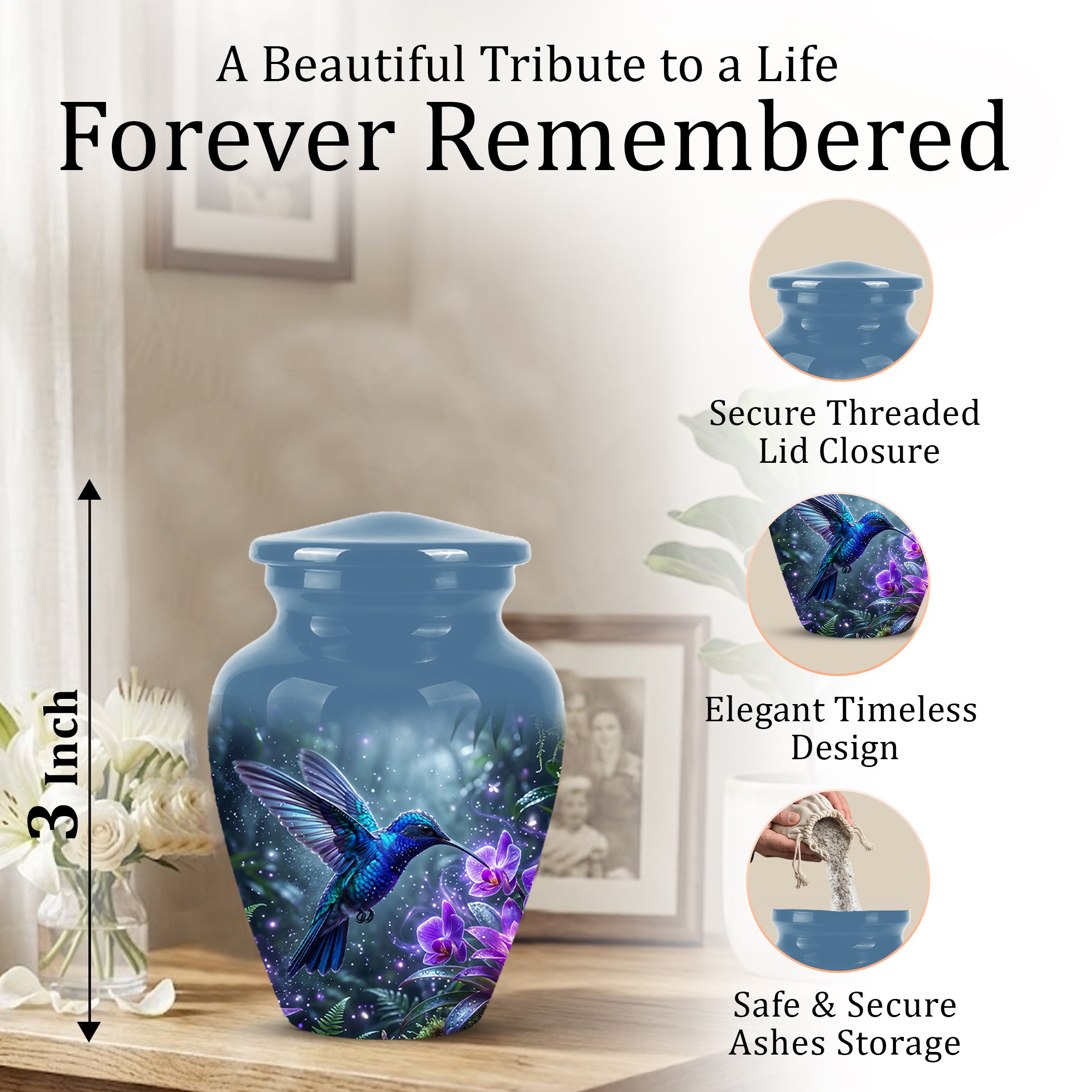 Flying Blue Hummingbird Urn - Majestic Memorial Urns For Human Ashes