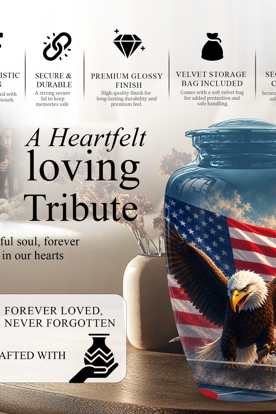 Flying Eagle With American Flag Urn - Patriotic Funeral Memorial Urns