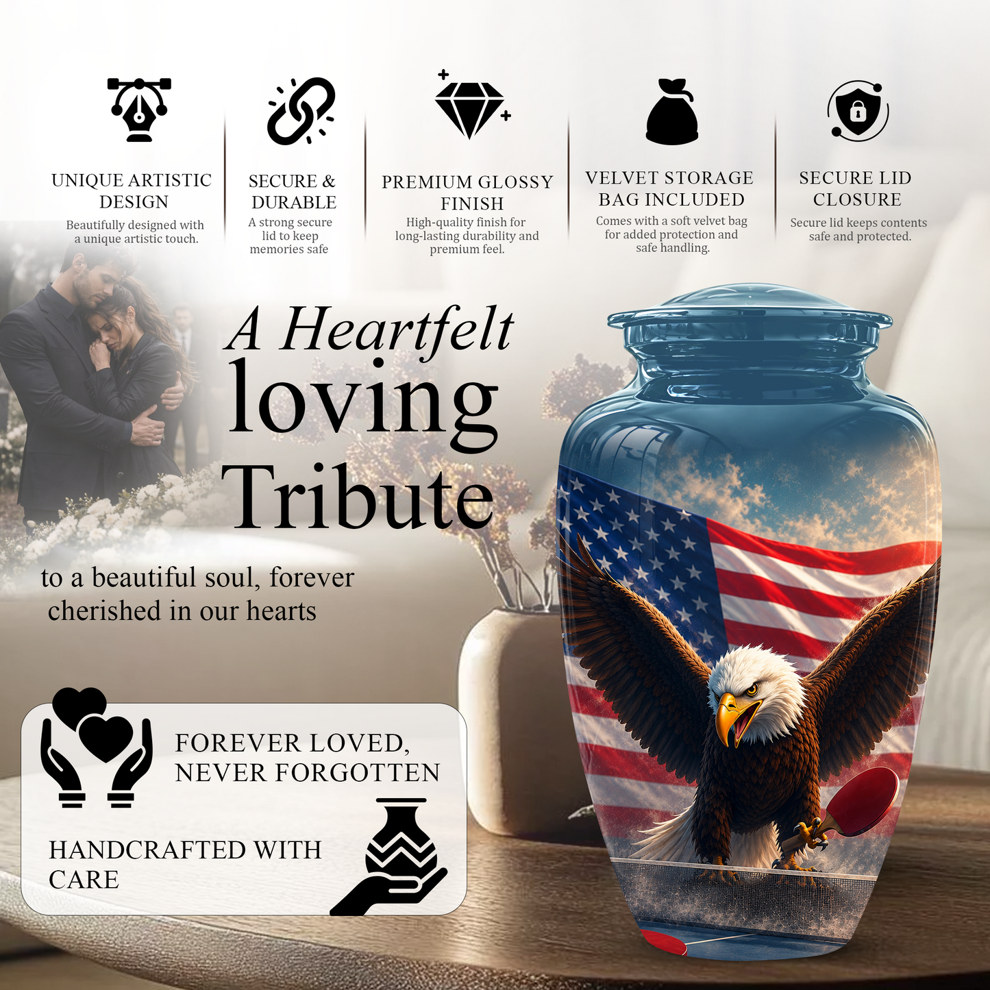 Flying Eagle With American Flag Urn - Patriotic Funeral Memorial Urns