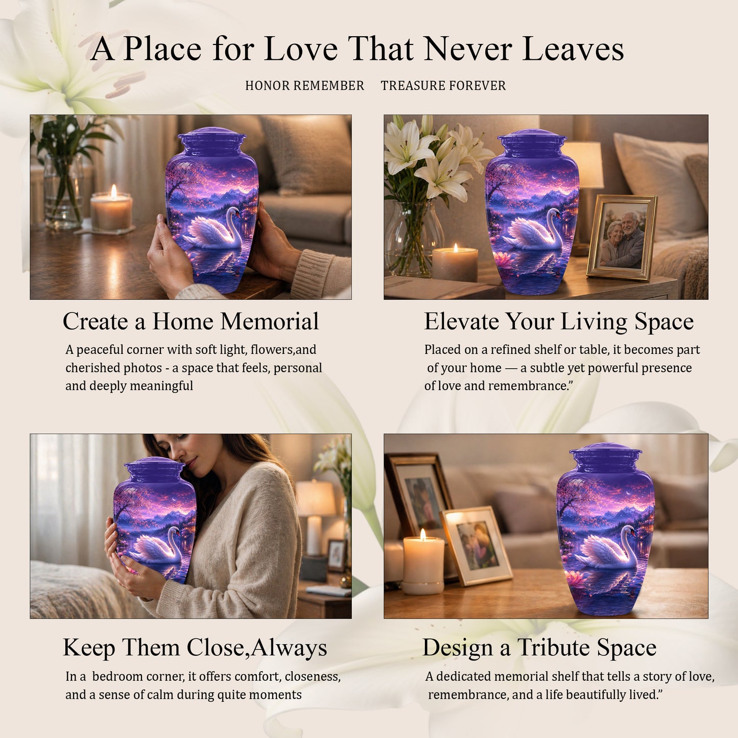 Swan & Cherry Blossom Serenade Urn - Beautiful Custom Urns For Ashes