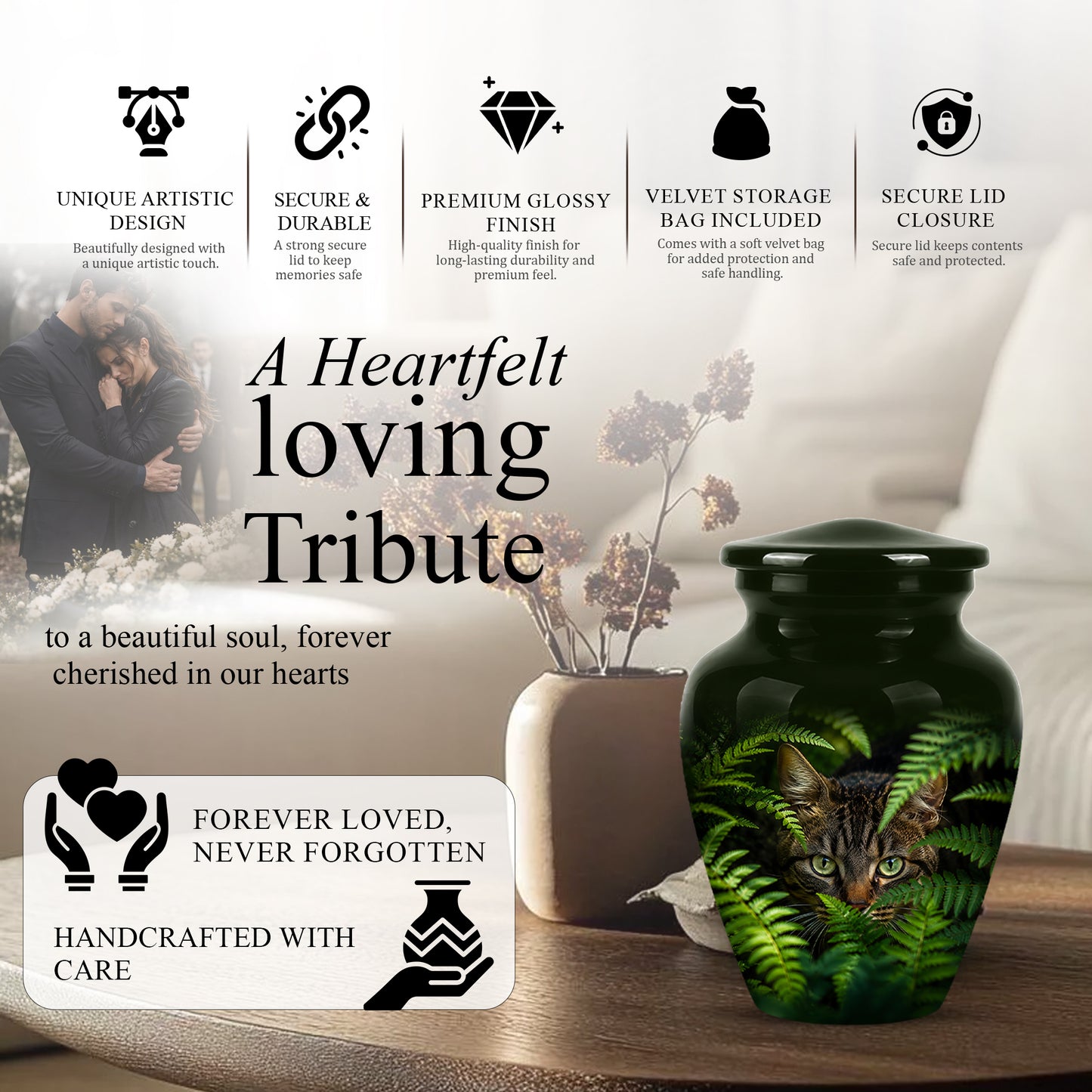 Cat Cremation Urns For Ashes - Personalized Black Pet Burial Urns