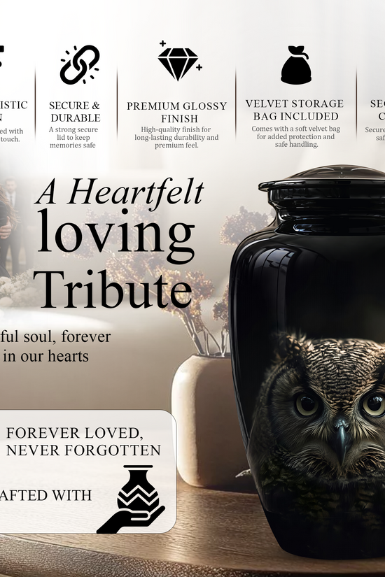 Owl Cremation Urns For Human Ashes - Black Burial Urns For Dad