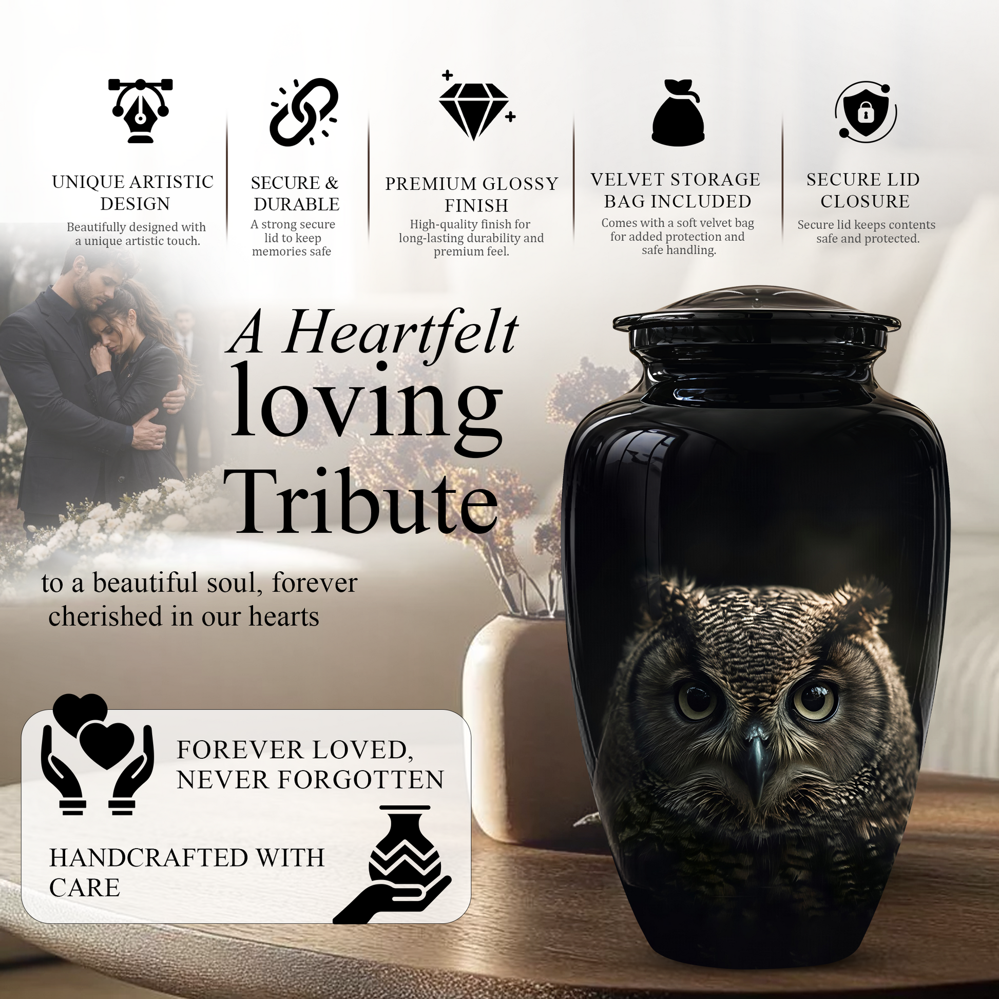 Owl Cremation Urns For Human Ashes - Black Burial Urns For Dad