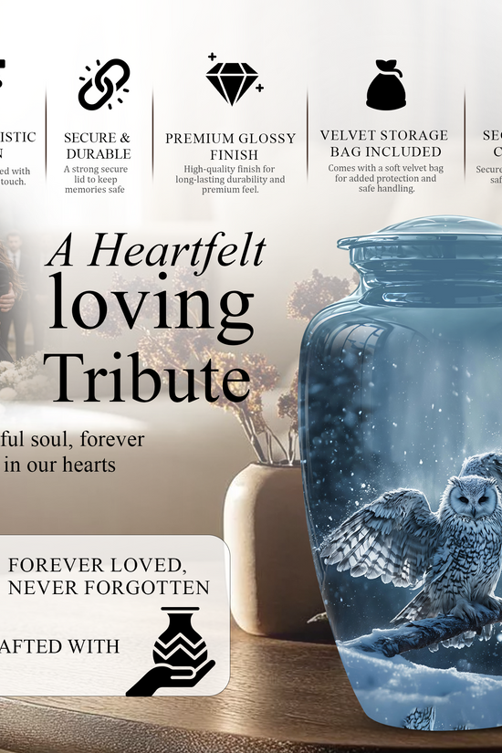 Snowy Owl Cremation Urn - Blue Funeral Urns For Human Ashes