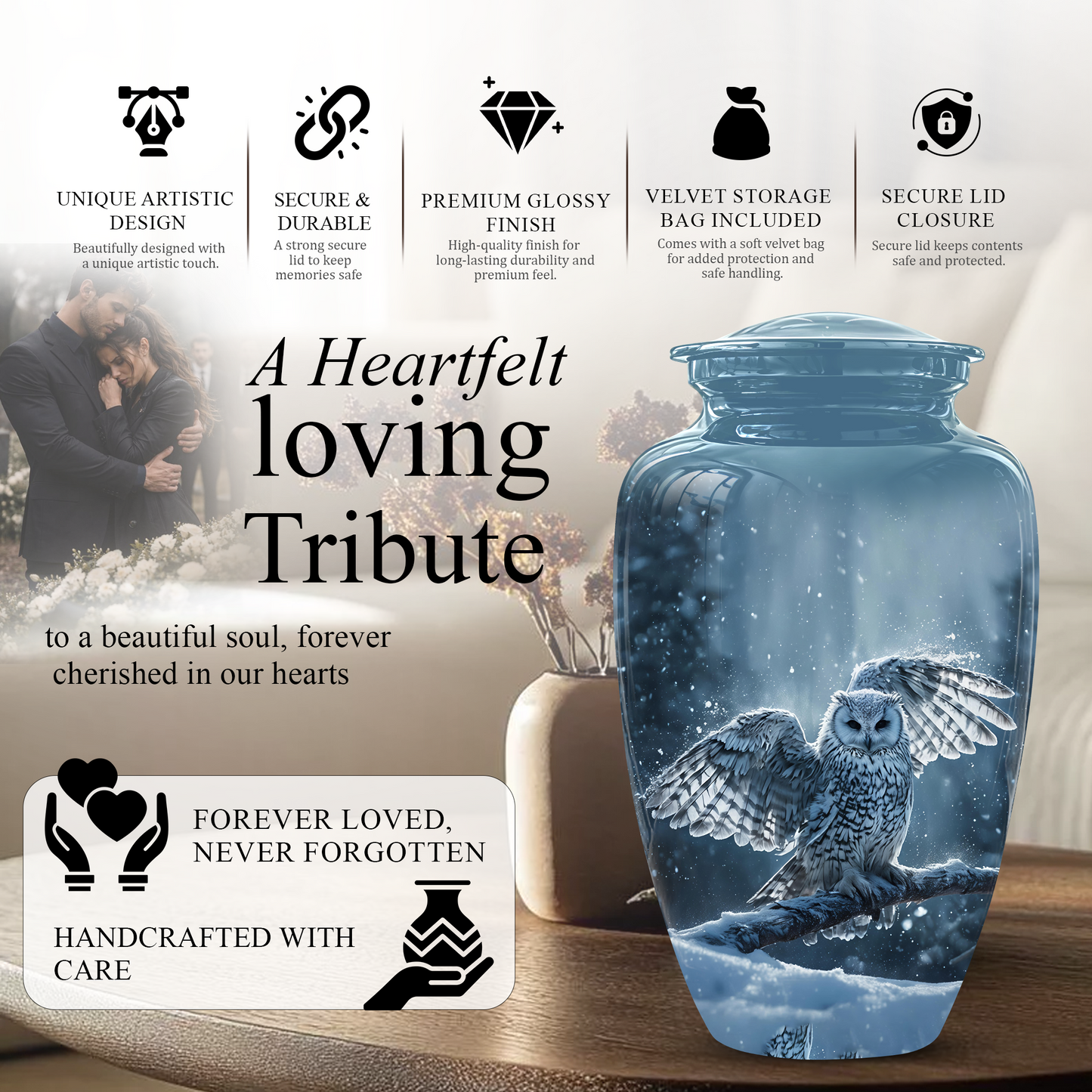 Snowy Owl Cremation Urn - Blue Funeral Urns For Human Ashes