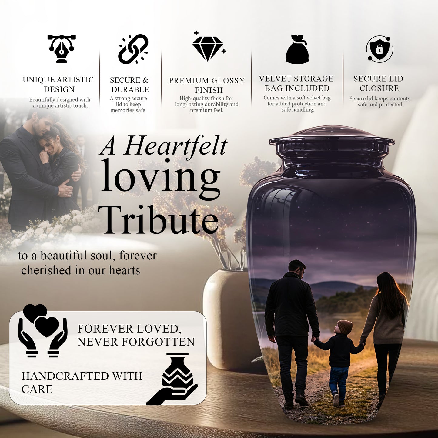 Dad, Son & Mom Cremation Urn - Artistic Night Burial Urns For Human Ashes