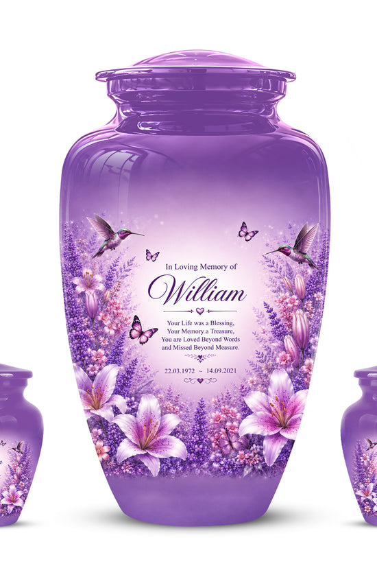 Lavender Hummingbird Urn – Purple Floral Urn for Human Ashes