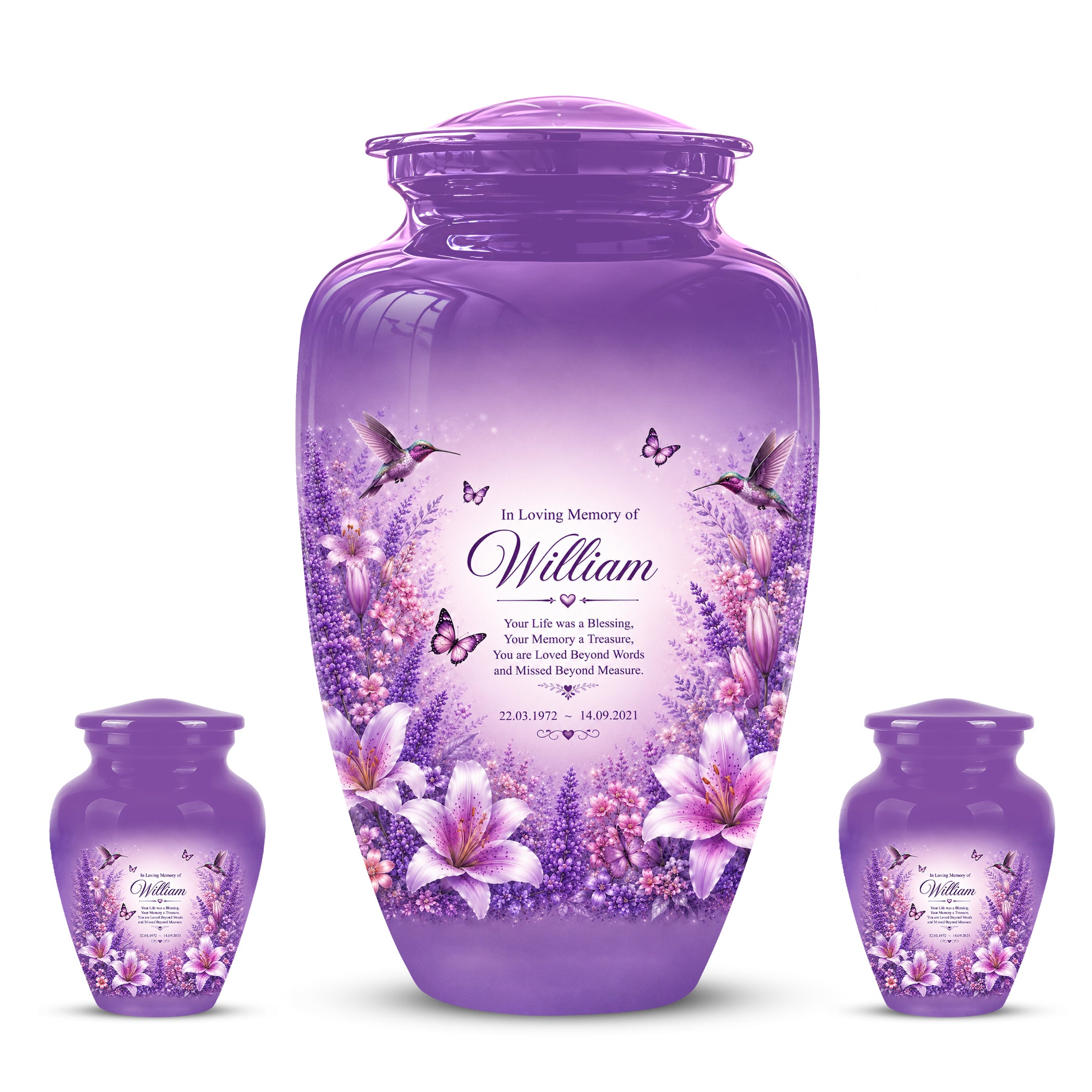 Lavender Hummingbird Urn – Purple Floral Urn for Human Ashes