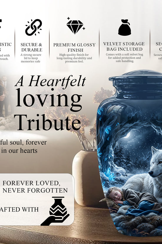 White Wolf With Girl Urn - Custom Memorial Urns For Men & Women Ashes