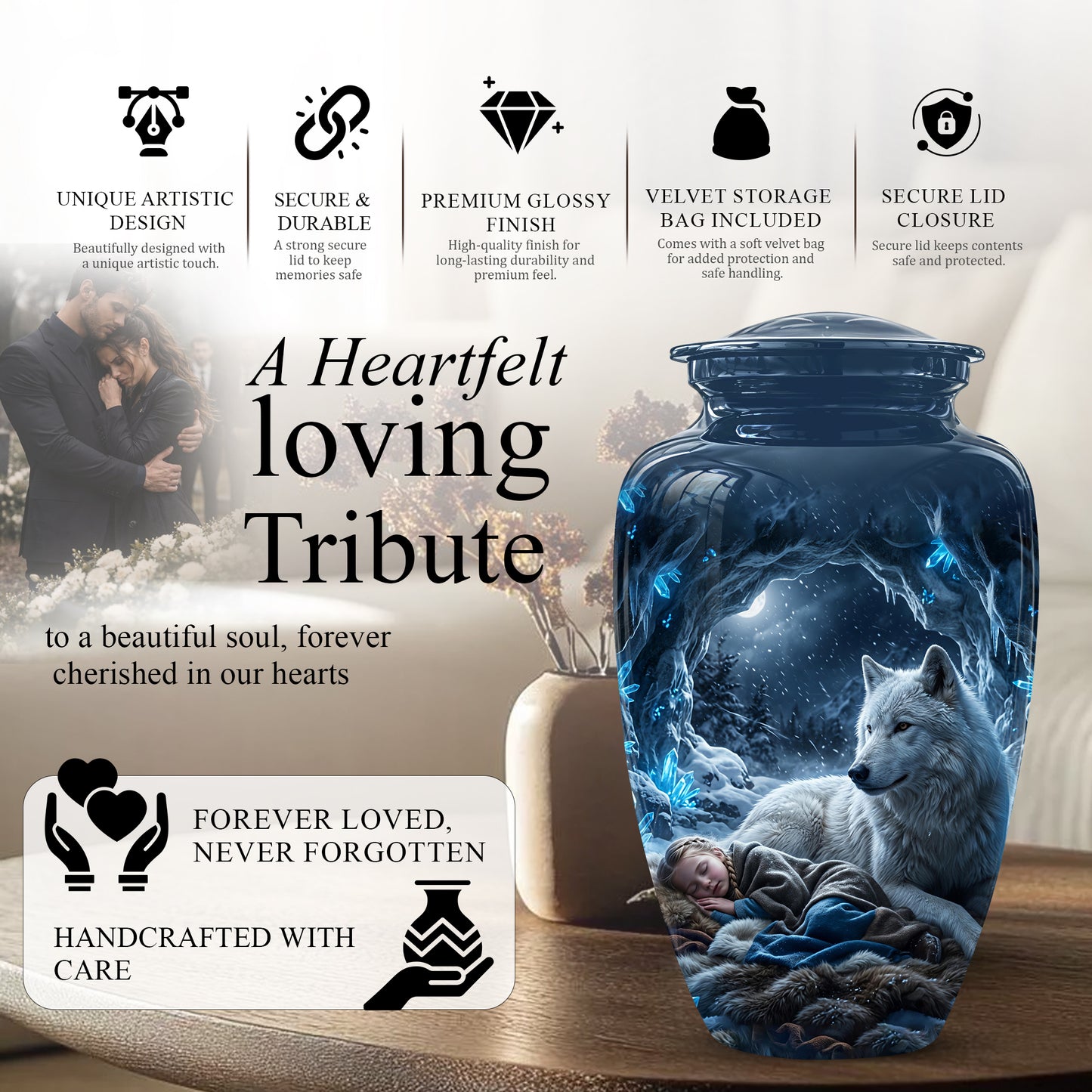 White Wolf With Girl Urn - Custom Memorial Urns For Men & Women Ashes