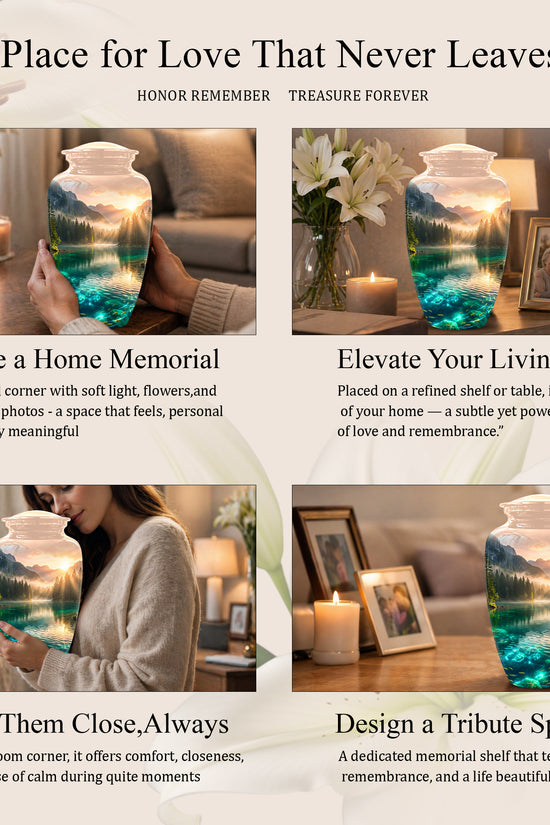 Serene Mountain Lake Cremation Urn- Custom Memorial Art Urns For Ashes