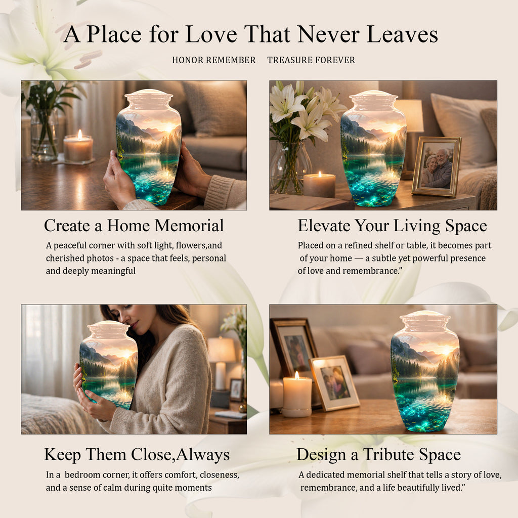 Serene Mountain Lake Cremation Urn- Custom Memorial Art Urns For Ashes