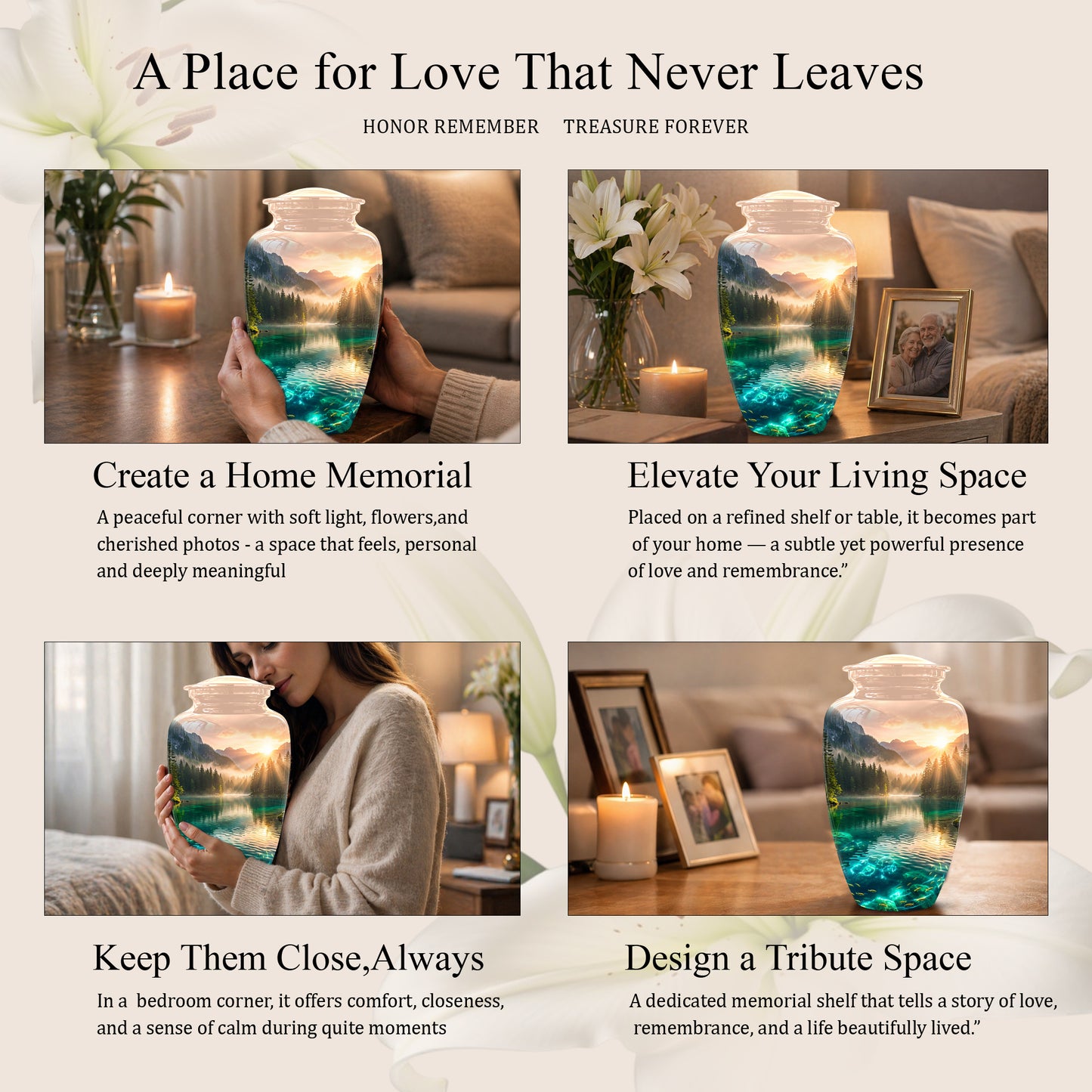 Serene Mountain Lake Cremation Urn- Custom Memorial Art Urns For Ashes