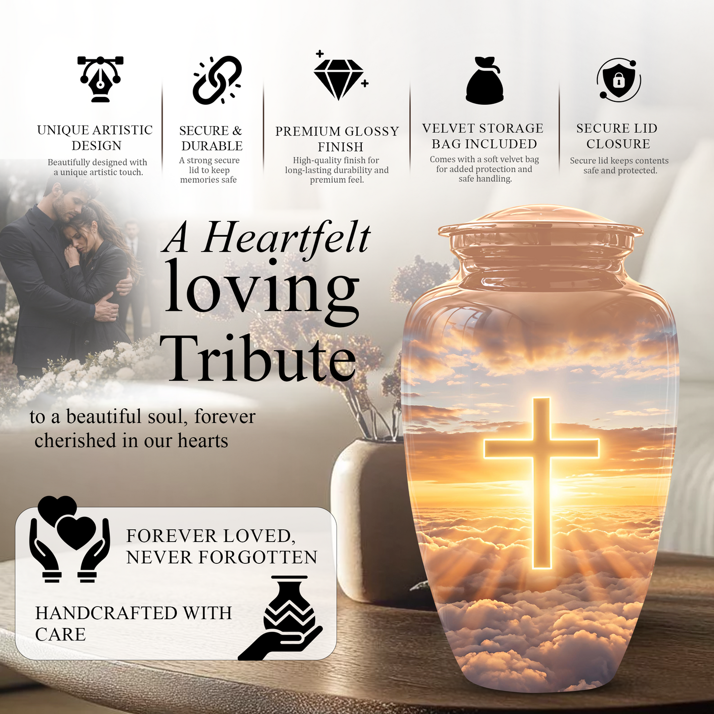 Christian Cross in Sky Cremation Urn - Beautiful Artistic Burial Urns For Ashes