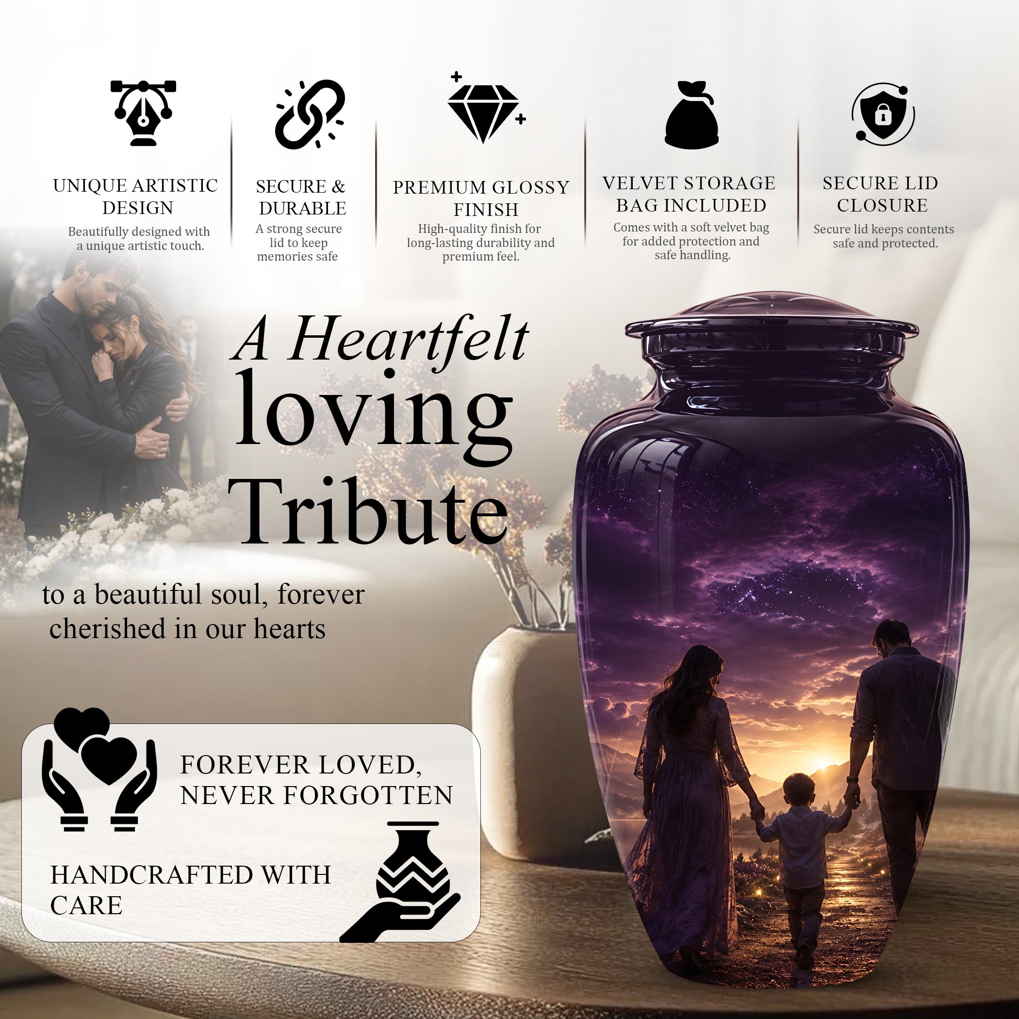 Father, Son & Mother Memorial Urn - Artistic Burial Urns For Human Ashes