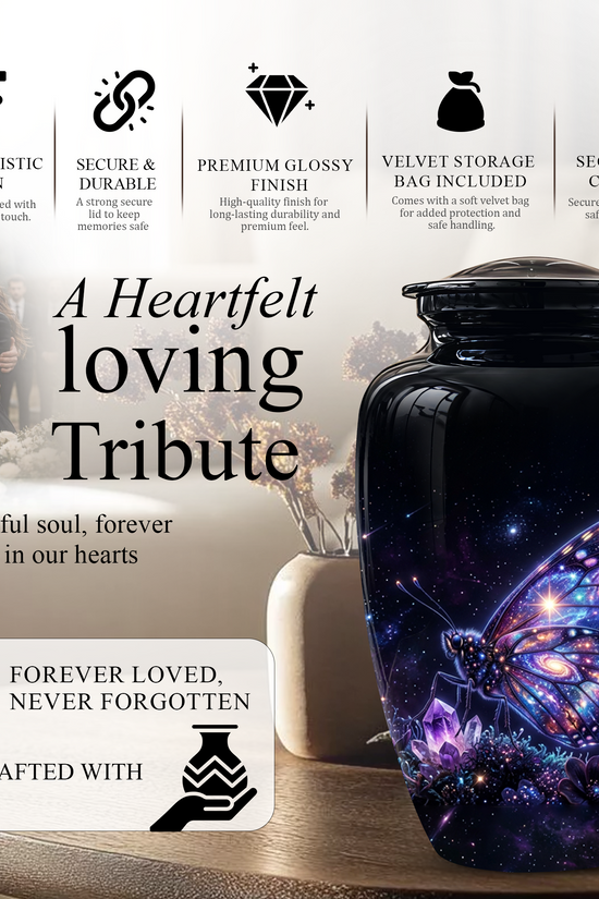 Purple Butterfly Cremation Urn - Beautiful Black Urns For Human Ashes