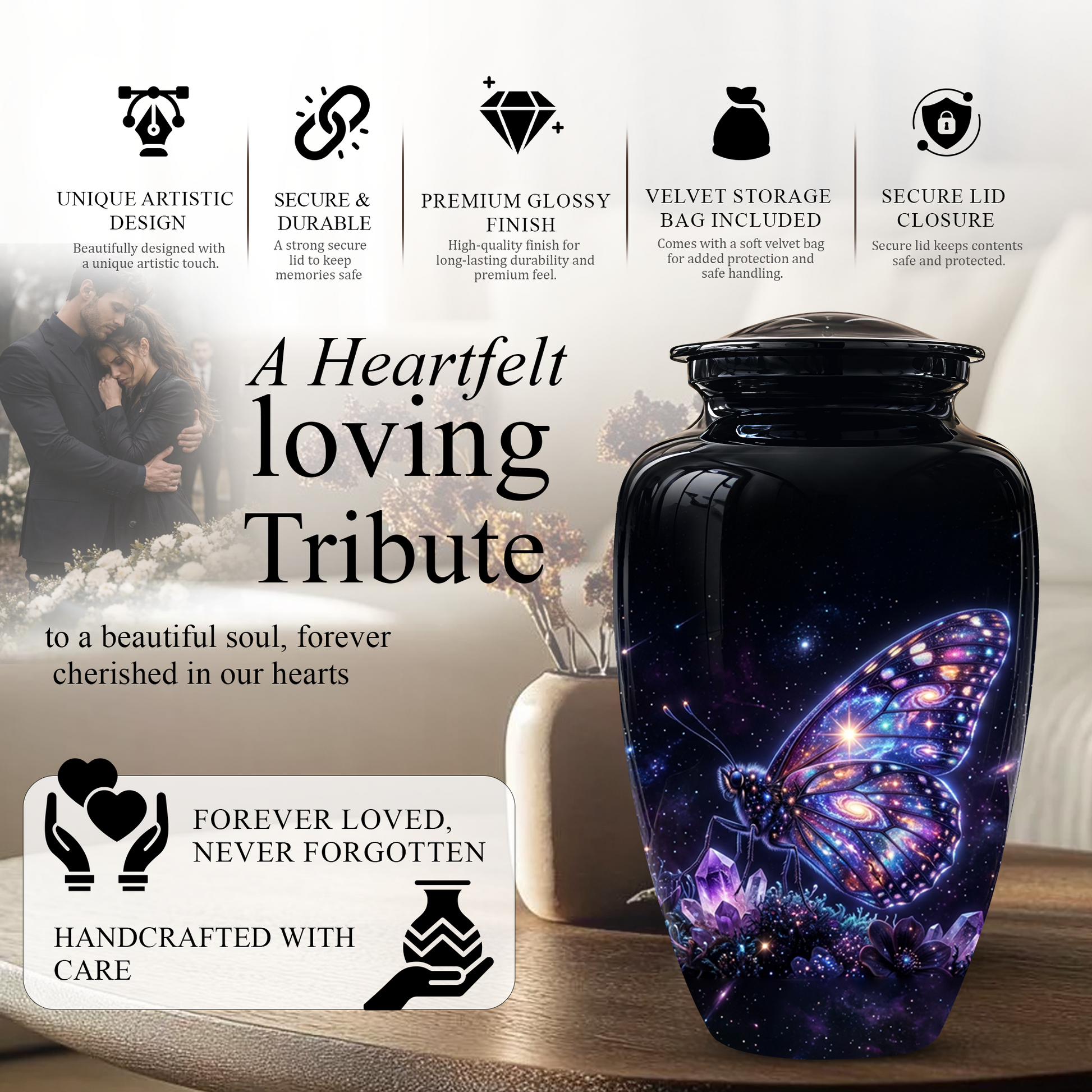 Purple Butterfly Cremation Urn - Beautiful Black Urns For Human Ashes