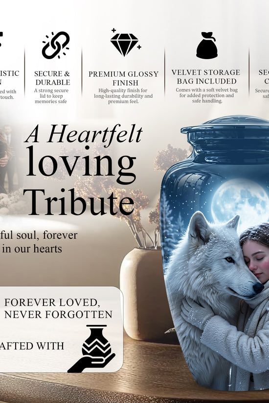 Moonlit White Wolf Cremation Urn for Ashes | Personalized Memorial
