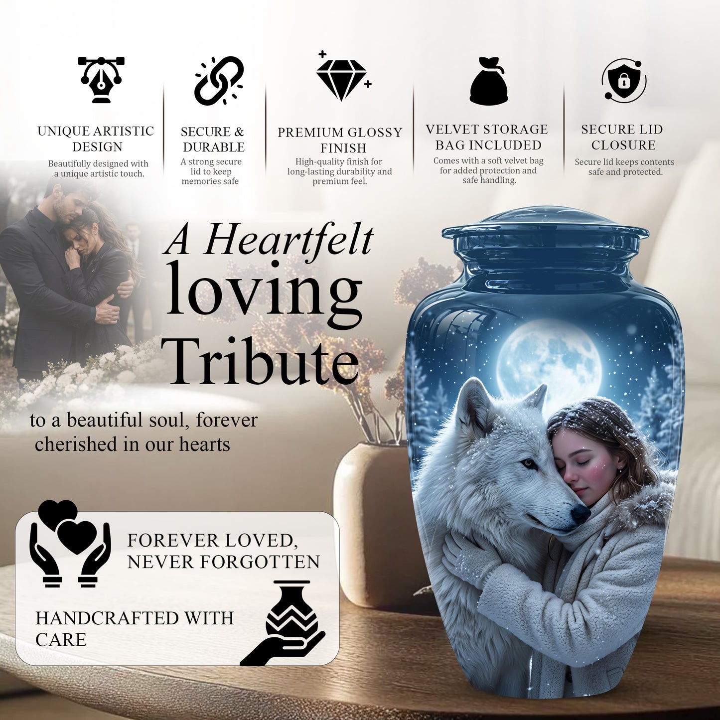 Moonlit White Wolf Cremation Urn for Ashes | Personalized Memorial